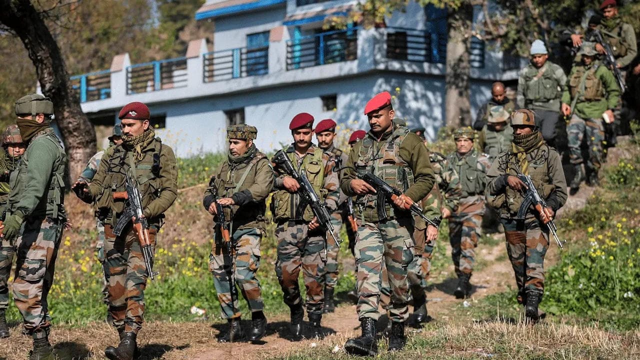 Security forces patrolling Dhangri village in Rajouri after the January 2023 attack. 